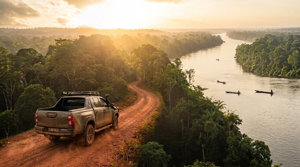 4x4 en exploration sur une piste au bord du fleuve Maroni, près d'Albina, Suriname